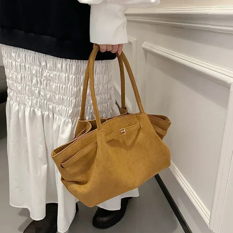 Arge Capacity Faux Suede Shoulder Bag Solid Ruffled Belt Decorative Casual Tote Handbag 2024 Hot Sale Bags for Women Bolsa Mujer