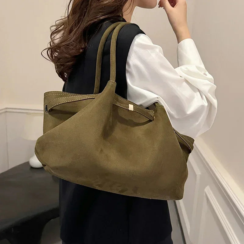 Arge Capacity Faux Suede Shoulder Bag Solid Ruffled Belt Decorative Casual Tote Handbag 2024 Hot Sale Bags for Women Bolsa Mujer