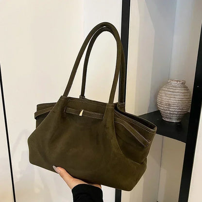 Arge Capacity Faux Suede Shoulder Bag Solid Ruffled Belt Decorative Casual Tote Handbag 2024 Hot Sale Bags for Women Bolsa Mujer